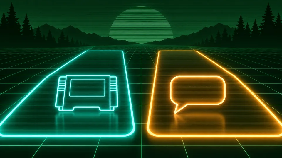 Stylized select screen with two glowing arcade lanes, one shaped like a game cartridge and one like a chat bubble